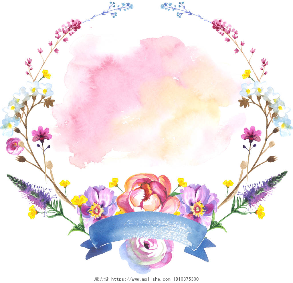白色背景上的手绘水彩花环画花花环的水彩风格与功能区中的野花.